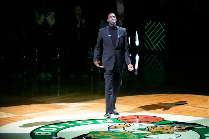Basketball Hall of Fame and former Boston Celtic Kevin Garnett shows emotion as he is introduced during his number retirement ceremony after game between the Boston Celtics and the Dallas Mavericks at TD Garden.